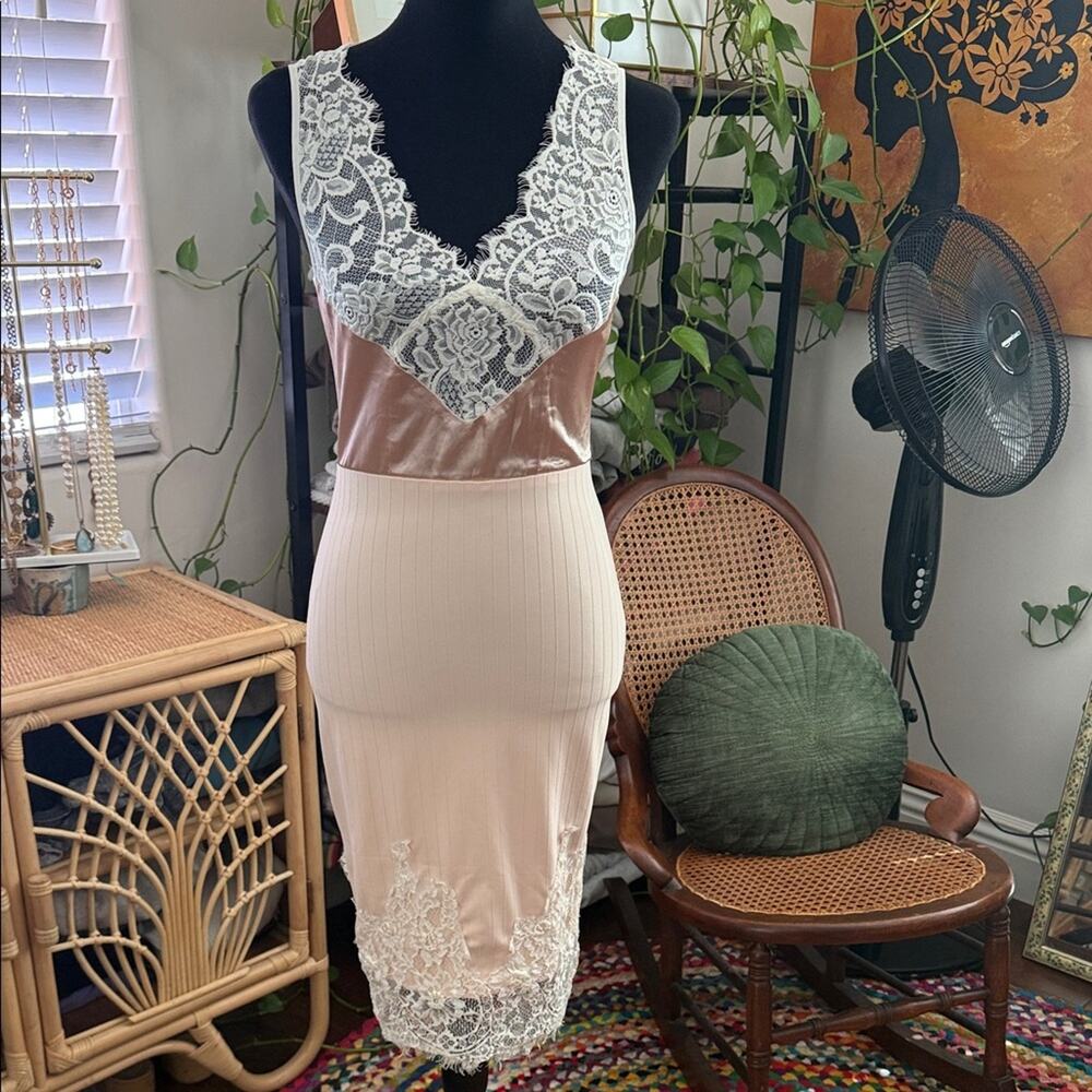 Main Strip Pale Peachy Pink Lace Trim Coquette Femme Bodycon Midi Slip Dress